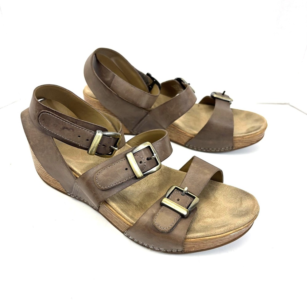 Dansko Lou Brown Leather Women's Wedge Ankle Strap Sandals Womens 40 / Size 9